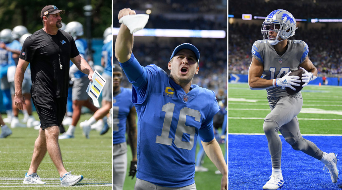 Dan Campbell walks with a clipboard in hand; Jared Goff pumps his hand in the air yelling; Amon-Ra St. Brown runs with the ball